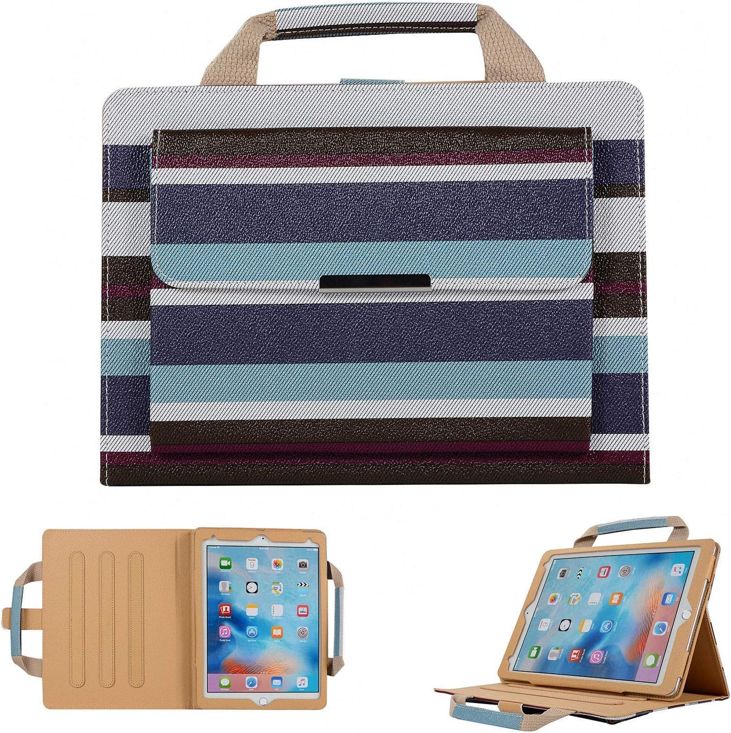 iPad 6th Gen Case, TechCode Synthetic Leather Protective Case Travel Sleeve Multi-Angle Stand Cover with Handle/Document Pocket Magnetic Auto Wake/Sleep for iPad Air1/Air2/5th/6th Gen,Blue