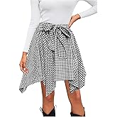 MakeMeChic Women's Plaid Flannel Mini Skirt Bow Tie Front Elastic High Waisted Asymmetrical Fall Winter Skirts