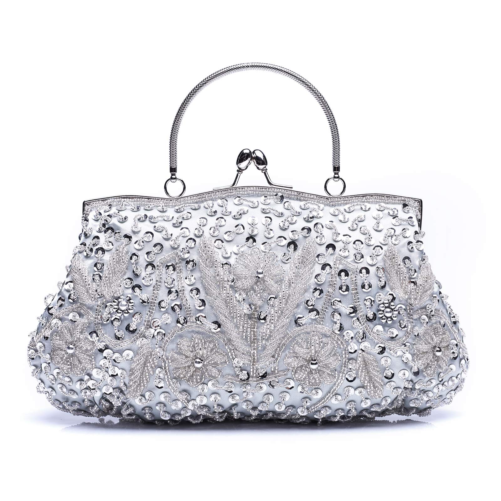 VENI MASEE Collection Antique Floral Seed/Bead/Sequin Soft Clutch Evening Bag, Exquisite Seed Bead Sequined Leaf Evening Clutch Handbag, Gift Ideas-Colors Various Silver