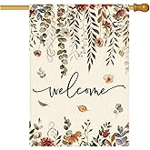 Tikeciti Fall Thanksgiving Eucalyptus Floral Welcome Garden Flag 28 x 40 Inch Double Sided, Autumn Flower Burlap Large Yard House Flag Farmhouse Seasonal Holiday Patio Outdoor Outside Decoration