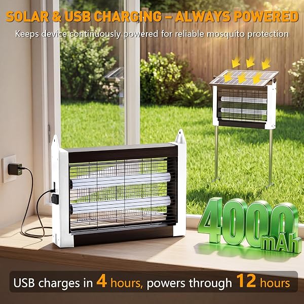 SOLAR BUG ZAPPER OUTDOOR, 4500V SOLAR MOSQUITO ZAPPER WITH DUAL SOLAR PANELS, 1/2 ACRE COVERAGE CORDLESS RECHARGEABLE ELECTRIC FLY ZAPPER, IPX5 WATERPROOF MOSQUITO TRAPS FOR BACKYARD, PATIO, CAMPING