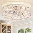 LEDIARY 20 Inch Caged Ceiling Fans with Lights, White Flush Mount Ceiling Fan with Remote, Low Profile Bladeless Ceiling Fan Light Fixture for Bedroom, Kitchen, Dining Room-White Gold Color