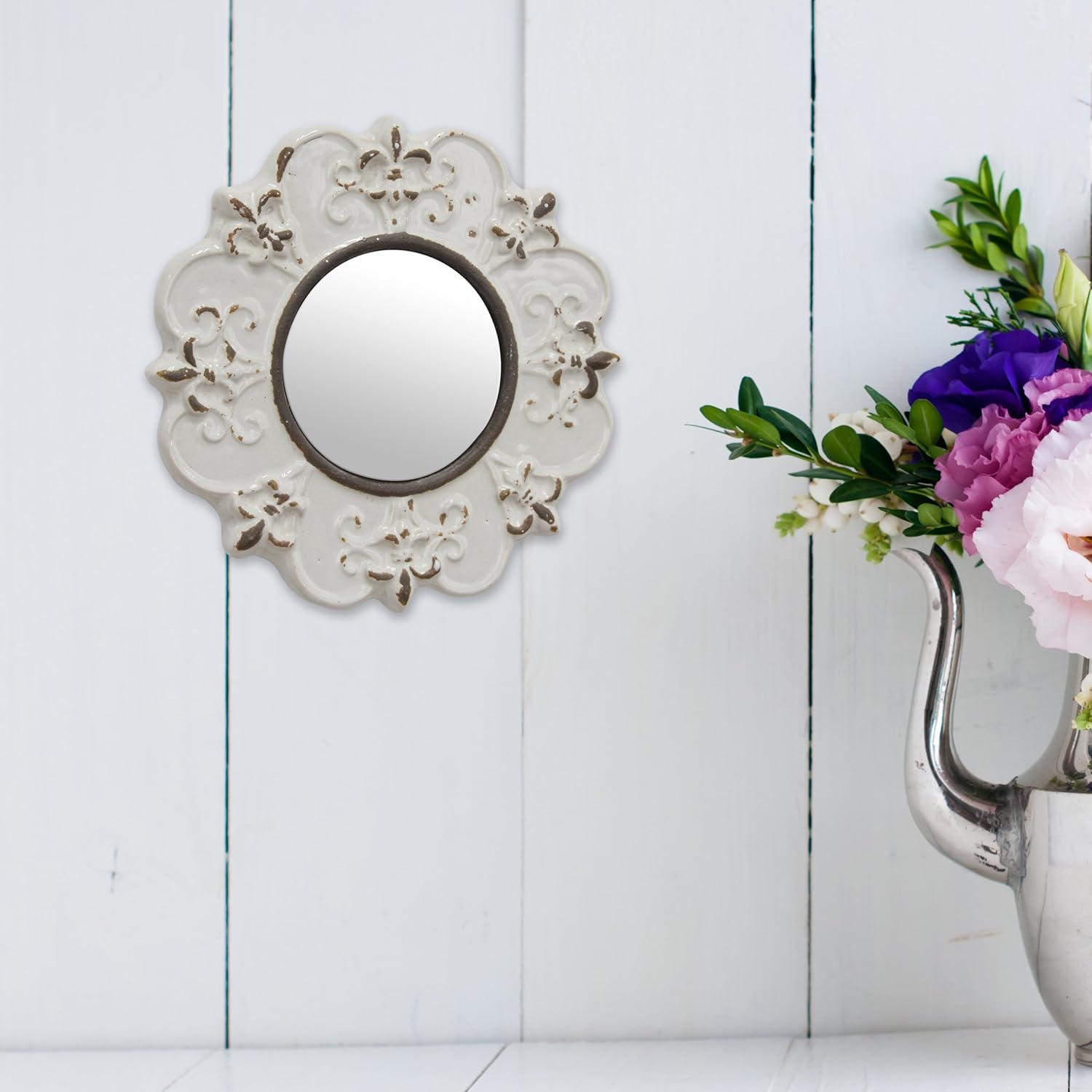 Stonebriar White Round Antique Ceramic Wall Mirror, Vintage Home Décor for Living Room, Kitchen, Bedroom, or Hallway, French Country Decor: Home & Kitchen