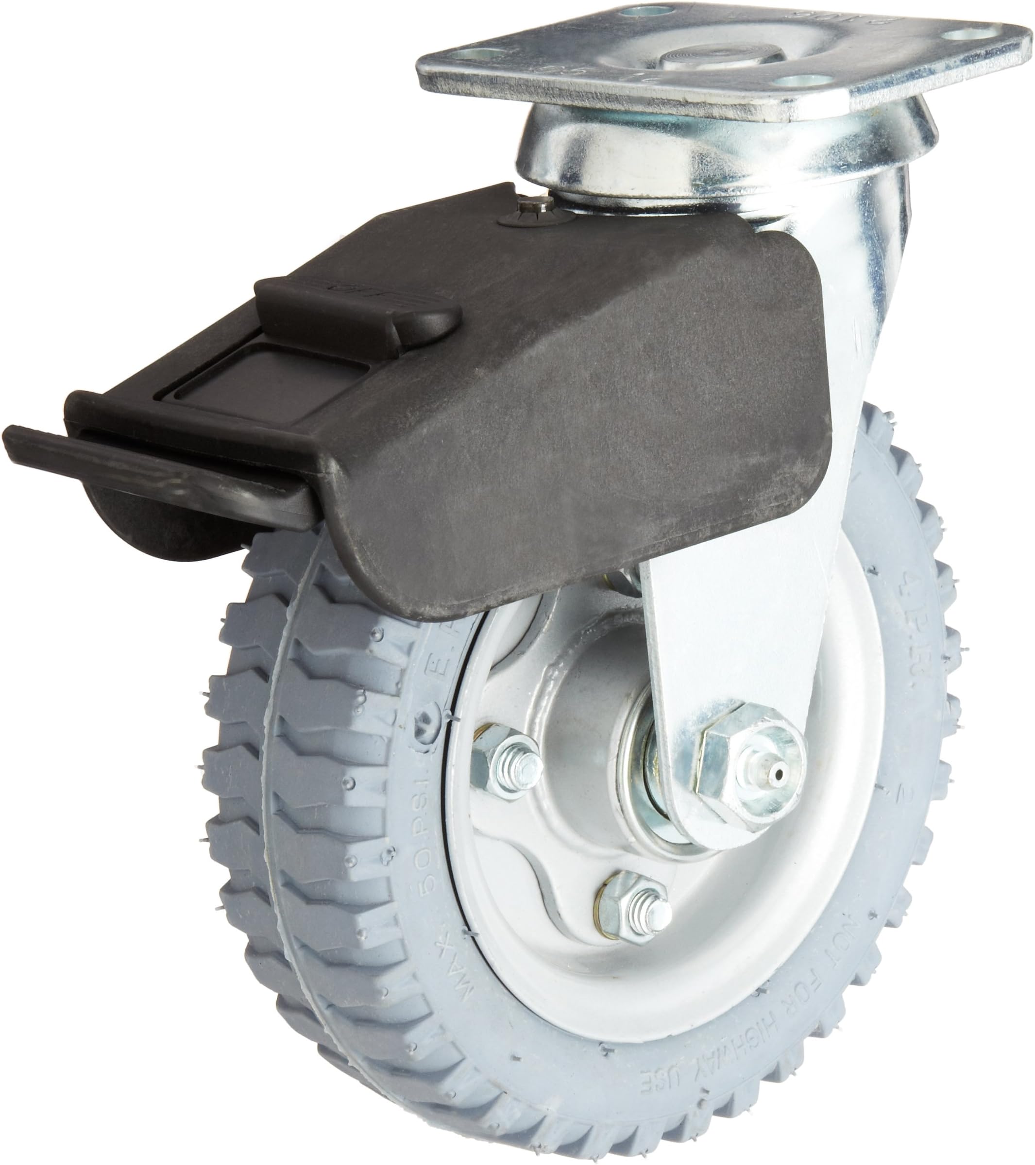 E.R. Wagner Pneumatic Plate Caster, Swivel with Total-Lock Brake, Soft Rubber on Steel Wheel, Ball Bearing, 200 lbs Capacity, 6" Wheel Dia, 2" Wheel Width, 7-1/2" Mount Height, 3-3/4" Plate Length, 2-3/4" Plate Width
