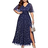Pinup Fashion Women Plus Size Formal Dresses - Evening Gowns Sequin Prom Gala V Neck Flutter Sleeve Long Dress