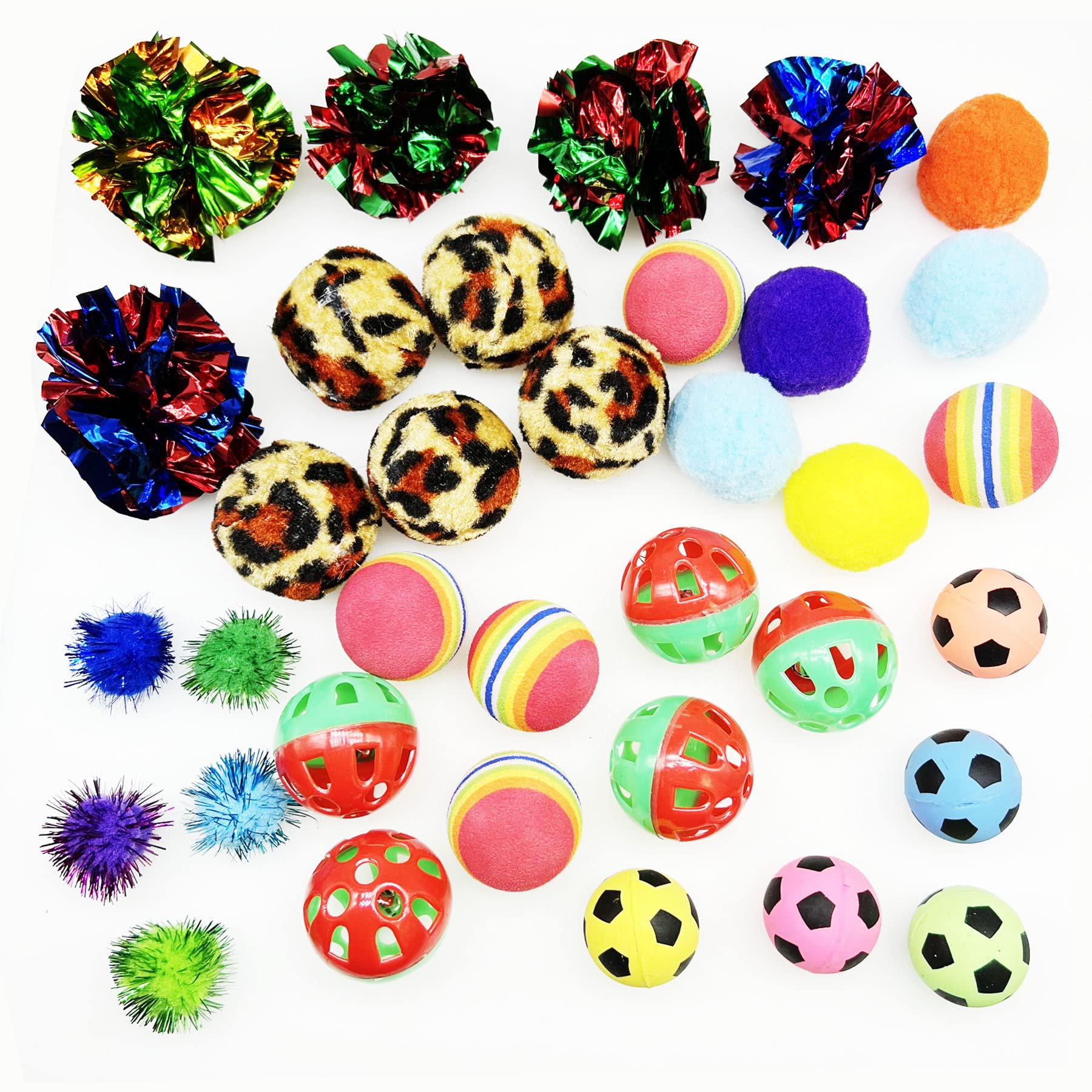 Allazone 35 PCS Cat Toys Balls Set, 7 Style Pompoms Kitten Toy Paper Balls Thread Ball, Foam Balls for Cats Colorful Rainbow Ball, Interactive Cat Toy for Cats to Play, Training