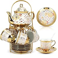 20 Pcs Porcelain Tea Set with Metal Holder,Luxury British Style Coffee Cup Kit,Beautiful Tea Set for Women,Adult Ceramic Tea 