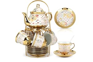 20 Pcs Porcelain Tea Set with Metal Holder,Luxury British Style Coffee Cup Kit,Beautiful Tea Set for Women,Adult Ceramic Tea 