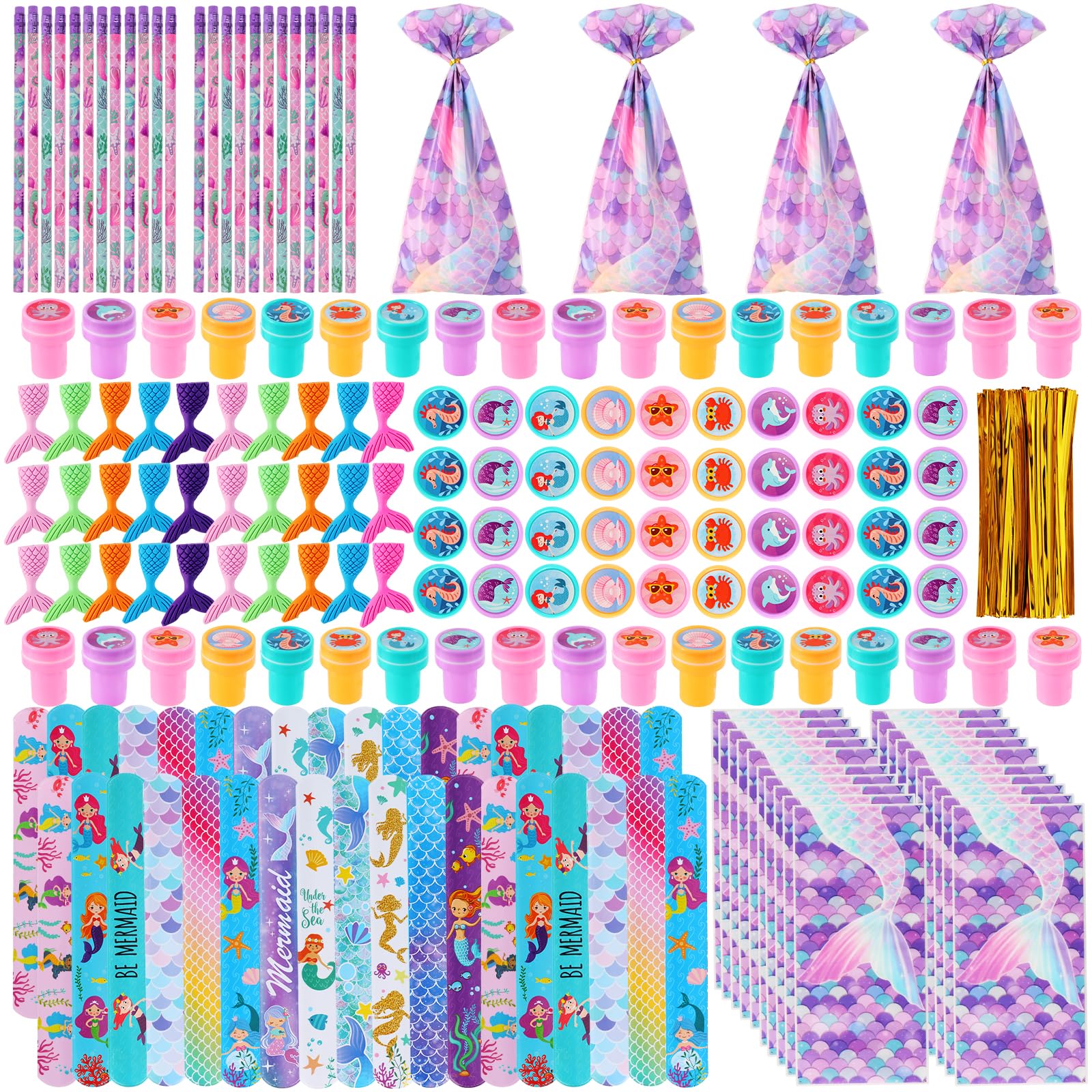 Photo 1 of 280 Pieces Mermaid Stationery Party Favors Bulk: Mermaid Pencil Eraser Slap Bracelets Stamps Treat Bags for Classroom Gift Exchange School Games Prizes Reward Prizes Carnival Events (Mermaid)