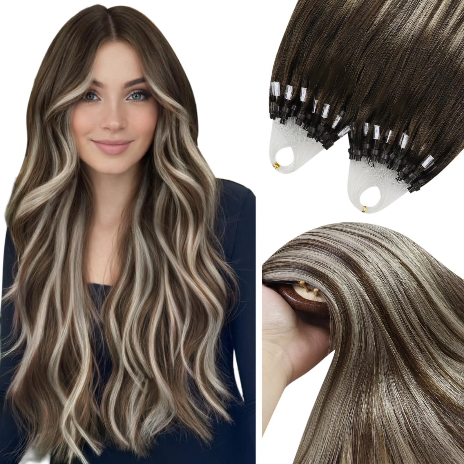 YoungSee Micro Loop Hair Extensions Brown 24 inch Micro Beads Hair Extensions Ombre Dark Brown with Ash Blonde Micro Human Hair Extensions Ombre for Everyday Life 50g Cold Fusion 50s Long Straight — image 1