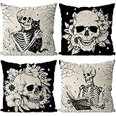 GAGEC Halloween Pillow Covers 16x16 Inch Set of 4 Skeleton Floral Throw Pillow Covers Holiday Farmhouse Pillowcase Couch Cushion Case for Home Sofa Living Room Decor