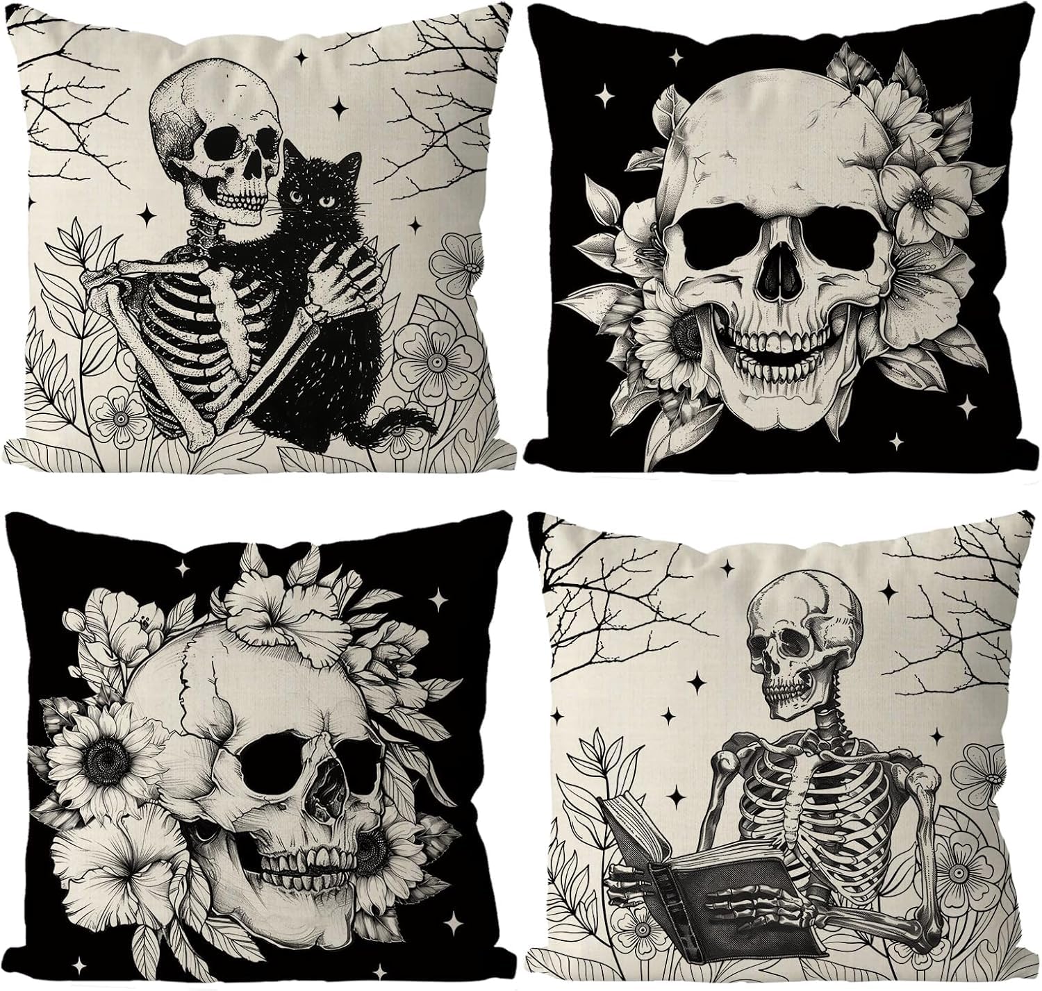 Photo 1 of GAGEC Halloween Pillow Covers 20x20 Inch Set of 4 Skeleton Floral Throw Pillow Covers Holiday Farmhouse Pillowcase Couch Cushion Case for Home Sofa Living Room Decor