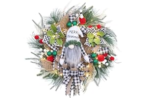 Vofuly prelit Christmas wreath for front door,22"Christmas gnome wreath,lighted farmhouse Winter wreath,santa wreath,buffalo plaid poinsettia decor,holiday wreath decoration with 30 LED light w/timer