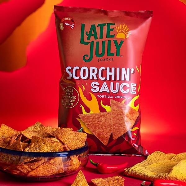 LATE JULY SNACKS, SCORCHIN’ SAUCE CORN TORTILLA CHIPS, 7.8 OZ. BAG
