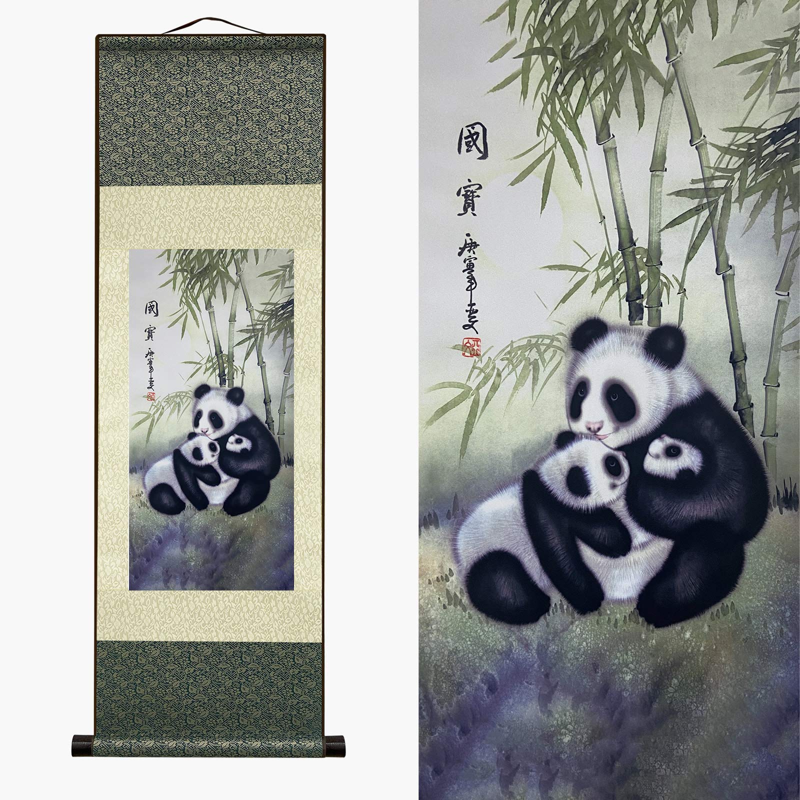 AtfArt Asian Wall Decor Beautiful Silk Scroll Painting Chinese Panda National Treasure Oriental Decor Chinese Art Wall Scroll Wall Hanging Painting Scroll (36.2 x 12 in)