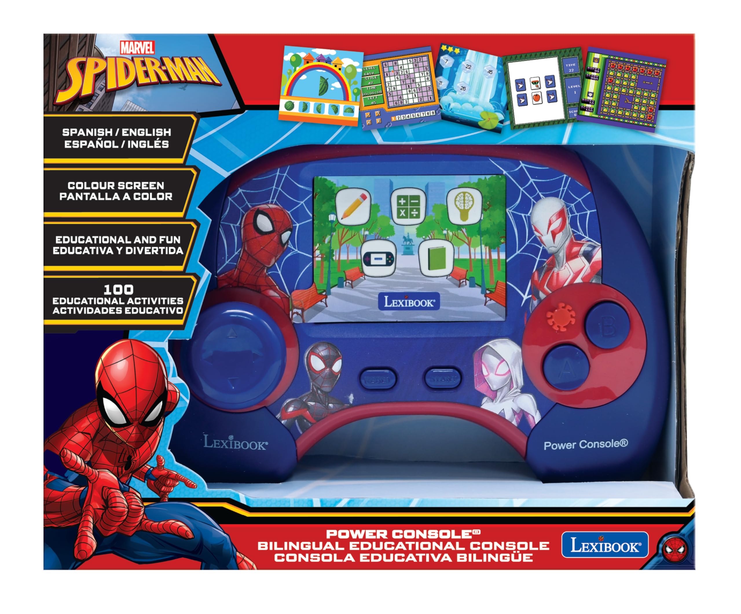 LEXiBOOK - Spiderman - Power Console®, Bilingual Spanish/English Educational Game Console with 100 Activities, JCG100SPi2