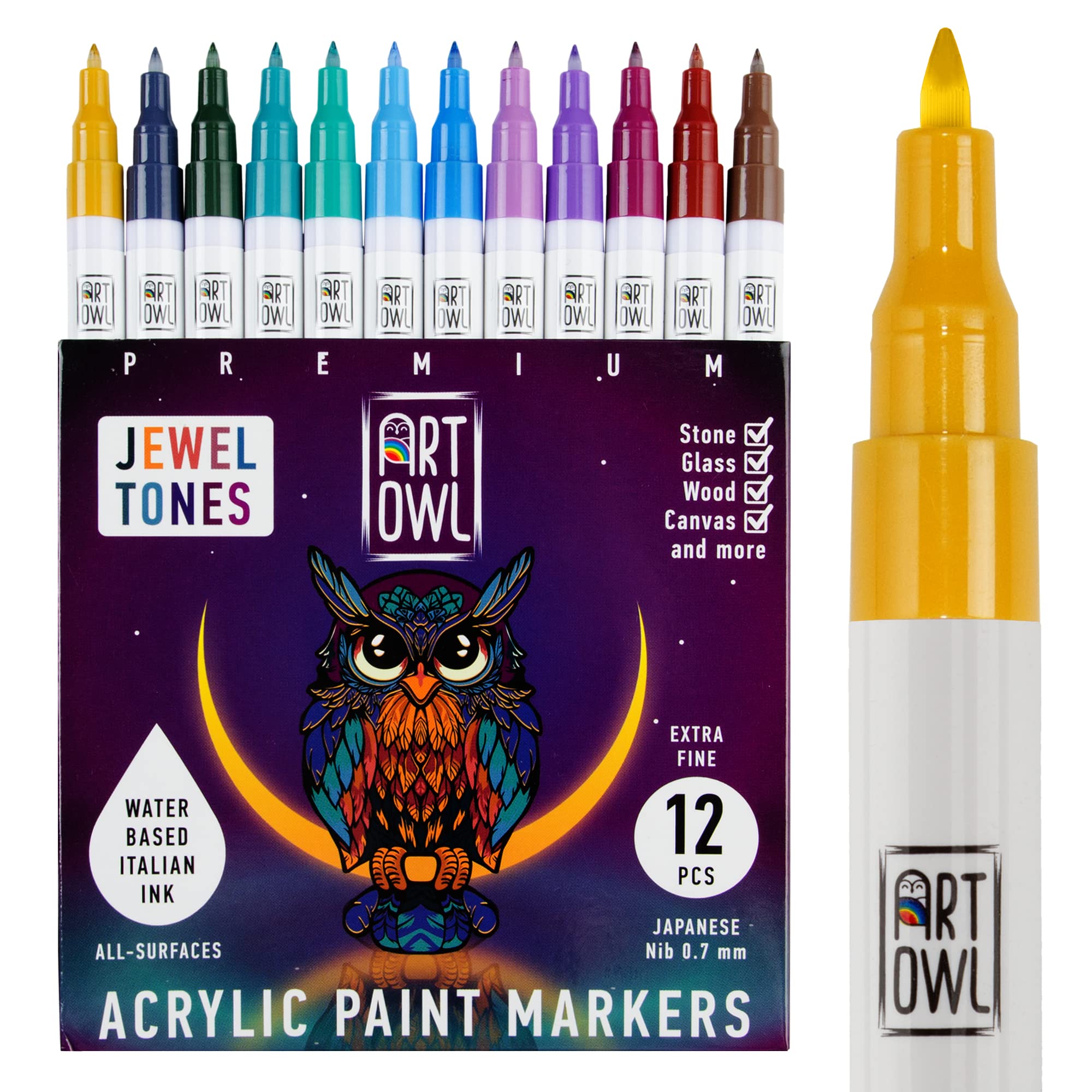 Photo 1 of 12 Jewel Tones Acrylic Paint Pens – Extra Fine Tip Markers Set. Art Supplies for Paper, Crafting, Glass, Canvas, Rock Painting, Card Making, Coloring and DIY
