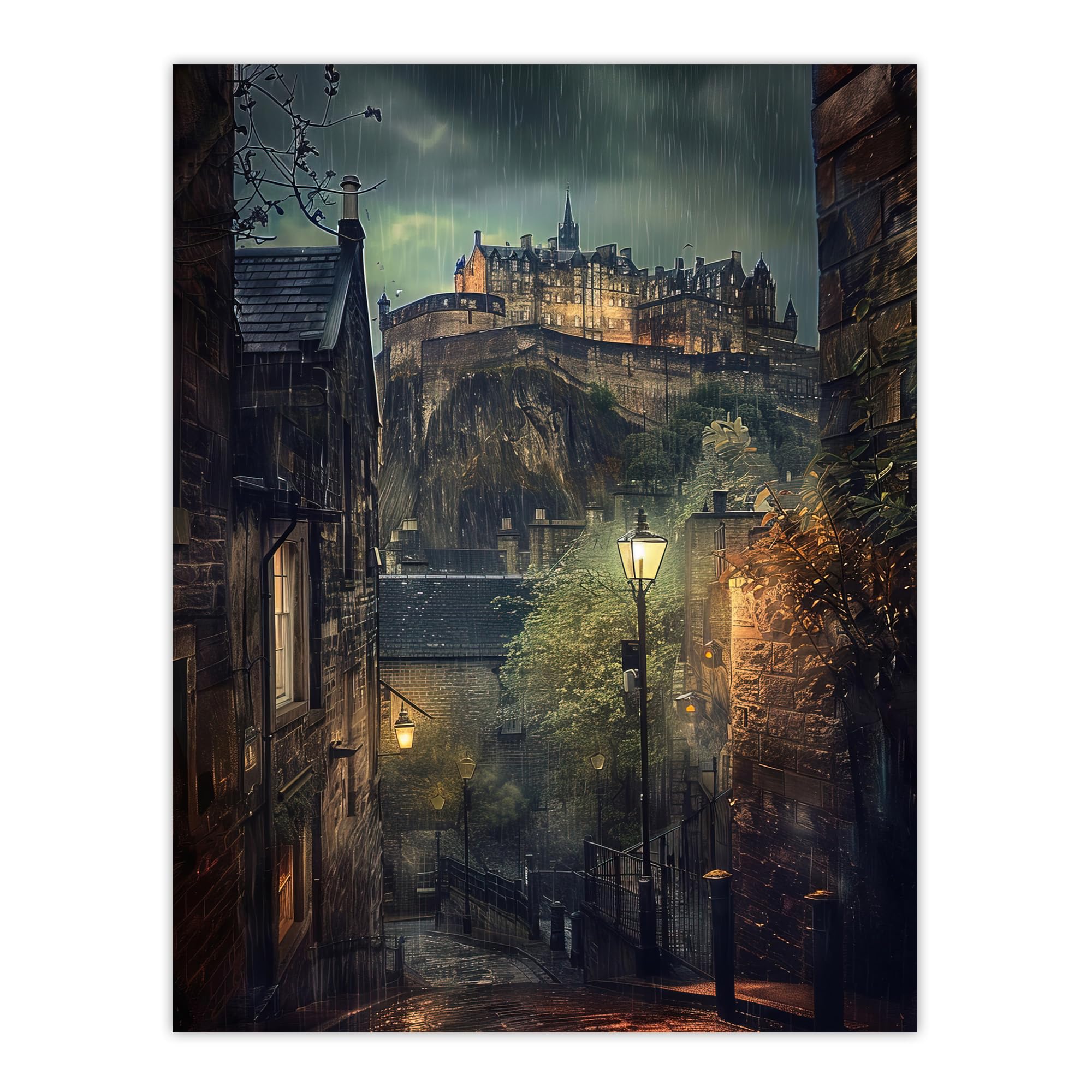 Artery8 Edinburgh Castle Atmospheric Scotland Night Rain Living Room Extra Large XL Wall Art Poster Print