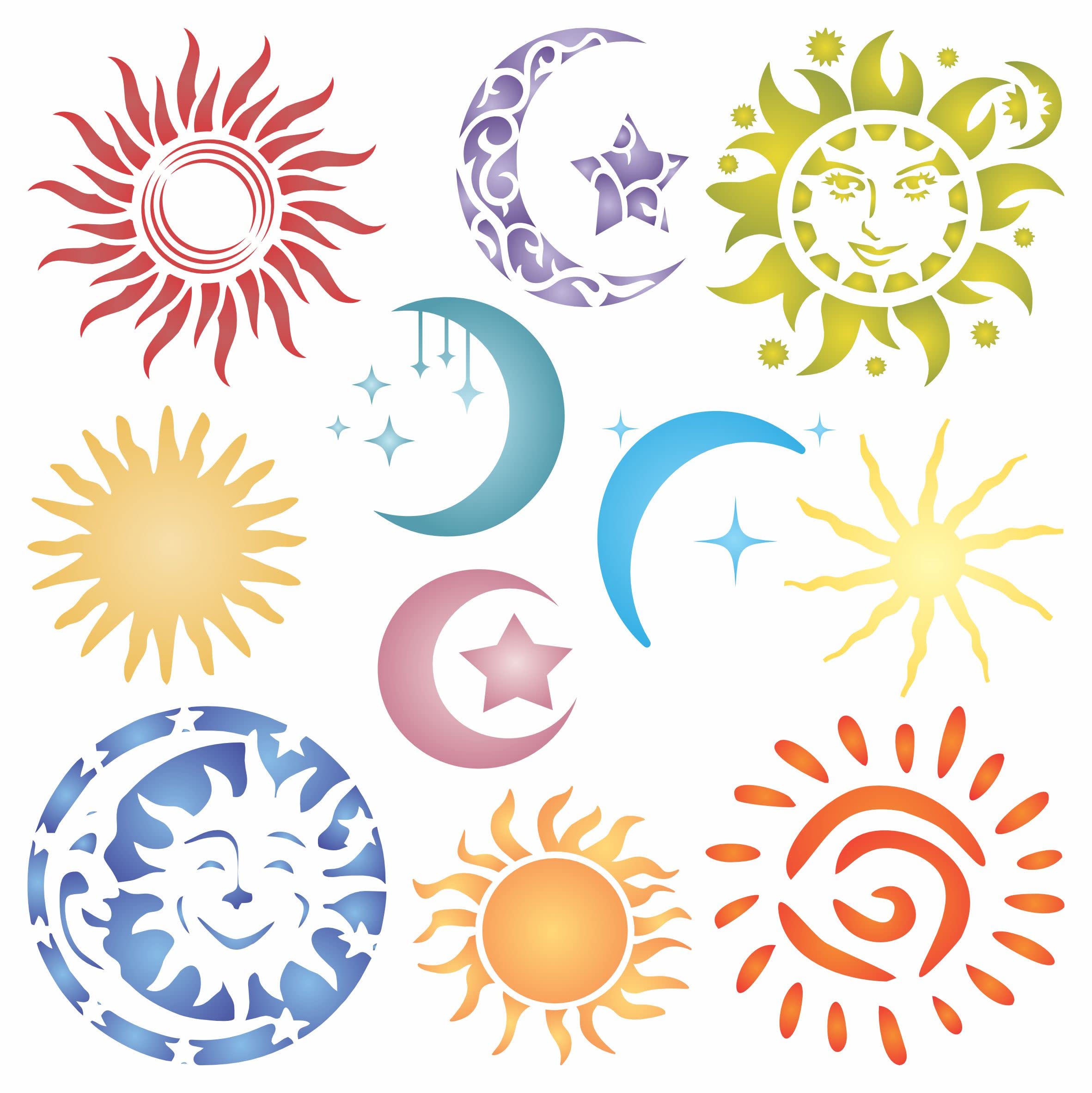 Suns Moons Stencil, 25.4 x 25.4 cm (L) - Layering Moon Sun Star Stencils for Painting Template