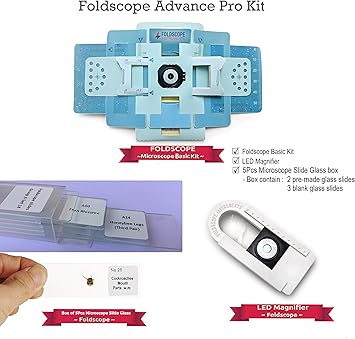 Simple Days Foldscope Advance Pro Kit -Foldscope Basic Kit , LED Magnifier and 5 Pieces Glass Slide Box