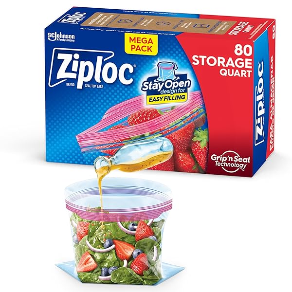 ZIPLOC QUART FOOD STORAGE BAGS, STAY OPEN DESIGN WITH STAND-UP BOTTOM, EASY TO FILL, 80 COUNT