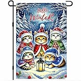 BlissYard Winter Garden Flag 12x18 Inch Christmas Garden Flag Snowy Forest Kitty Yard Banner Seasonal Welcome Winter Cat Gardens Flags for Porch Lawn Patio Holiday Decor