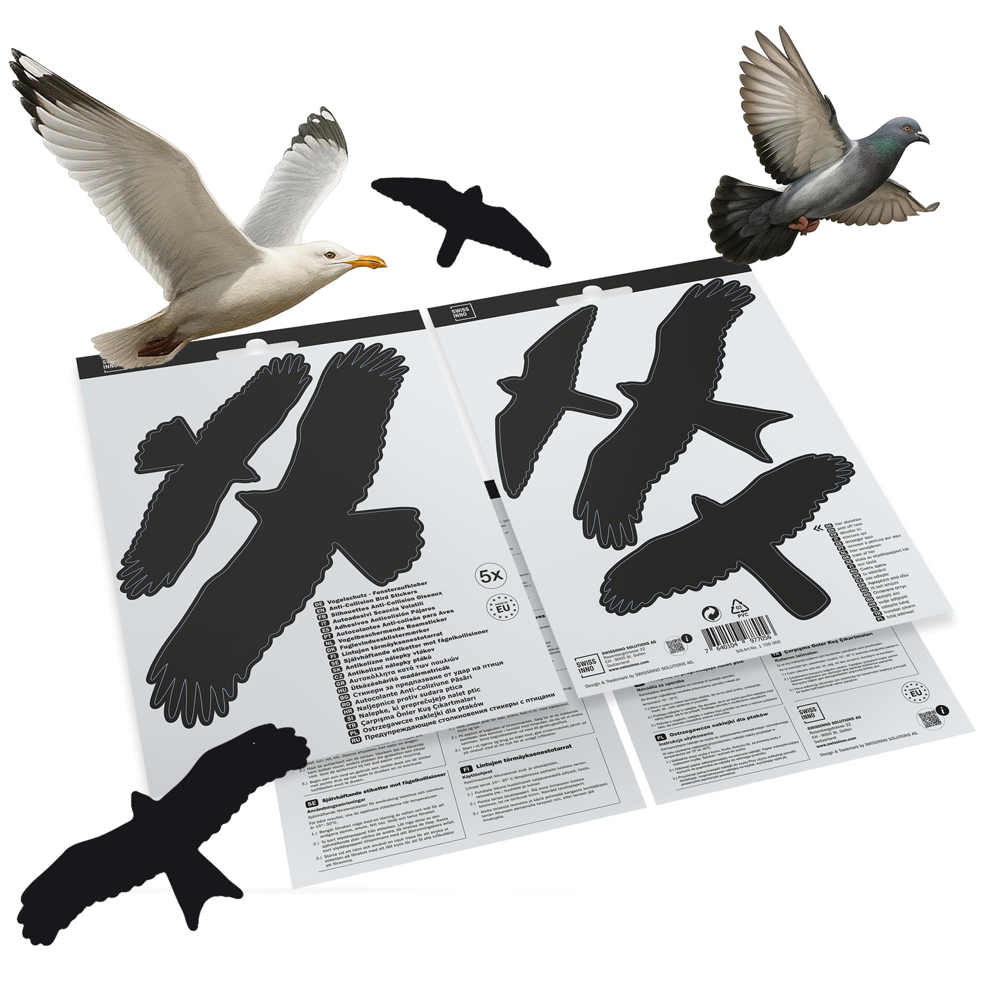SWISSINNO Bird Window Stickers – Set of 5 Black Silhouette Stickers - Anti collisions – Prevent Bird - Easy to Apply – UV-Resistant – Bird Protection for Glass Doors and Panes