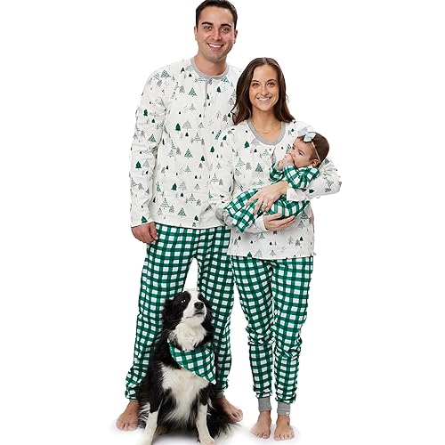 HonestBaby Family Matching Holiday Pajamas Organic Cotton for Men, Women, Kids, Toddlers, Baby Boys, Girls, Unisex Pets, Painted Buffalo Check Emerald, Small
