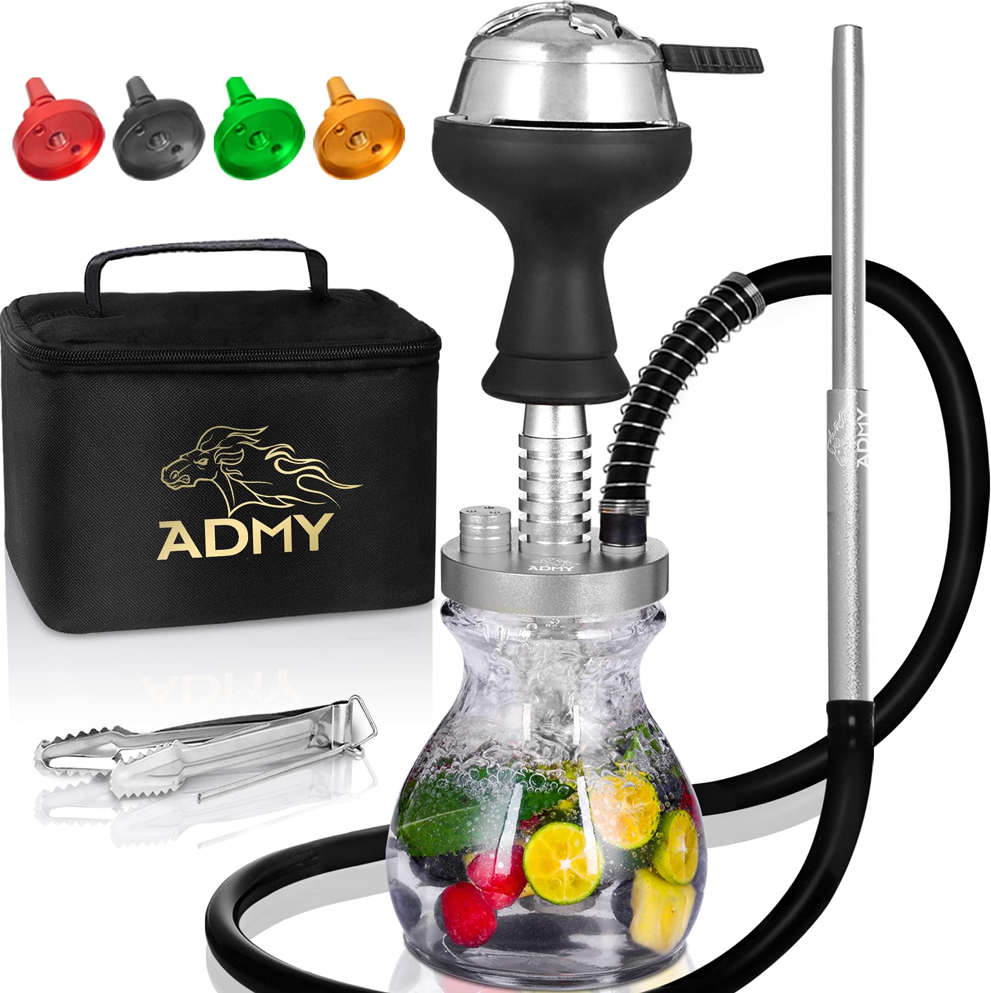 Portable Hookah Set with Everything, Mini Small Shisha to Go Glass 12”with Silicone Hose & Bowl Heat Management Charcoal Holder Coal Tongs Travel Case Bag - Sliver (No Flavor)