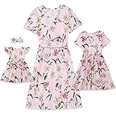 Focamia Mommy and Me Floral Dresses Mother Daughter Matching Short Sleeve Tshirt Midi Dress Crew Neck Outfits with Pockets