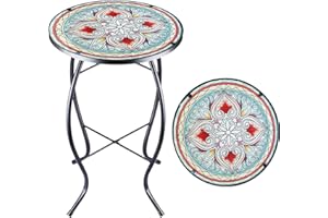 Arbuxzuy 14 Inch Small Outdoor Side Table with Red Flower, Glass Mosaic Patio Table Indoor, Round Plant Coffee Table for Living Room, Balcony, Garden