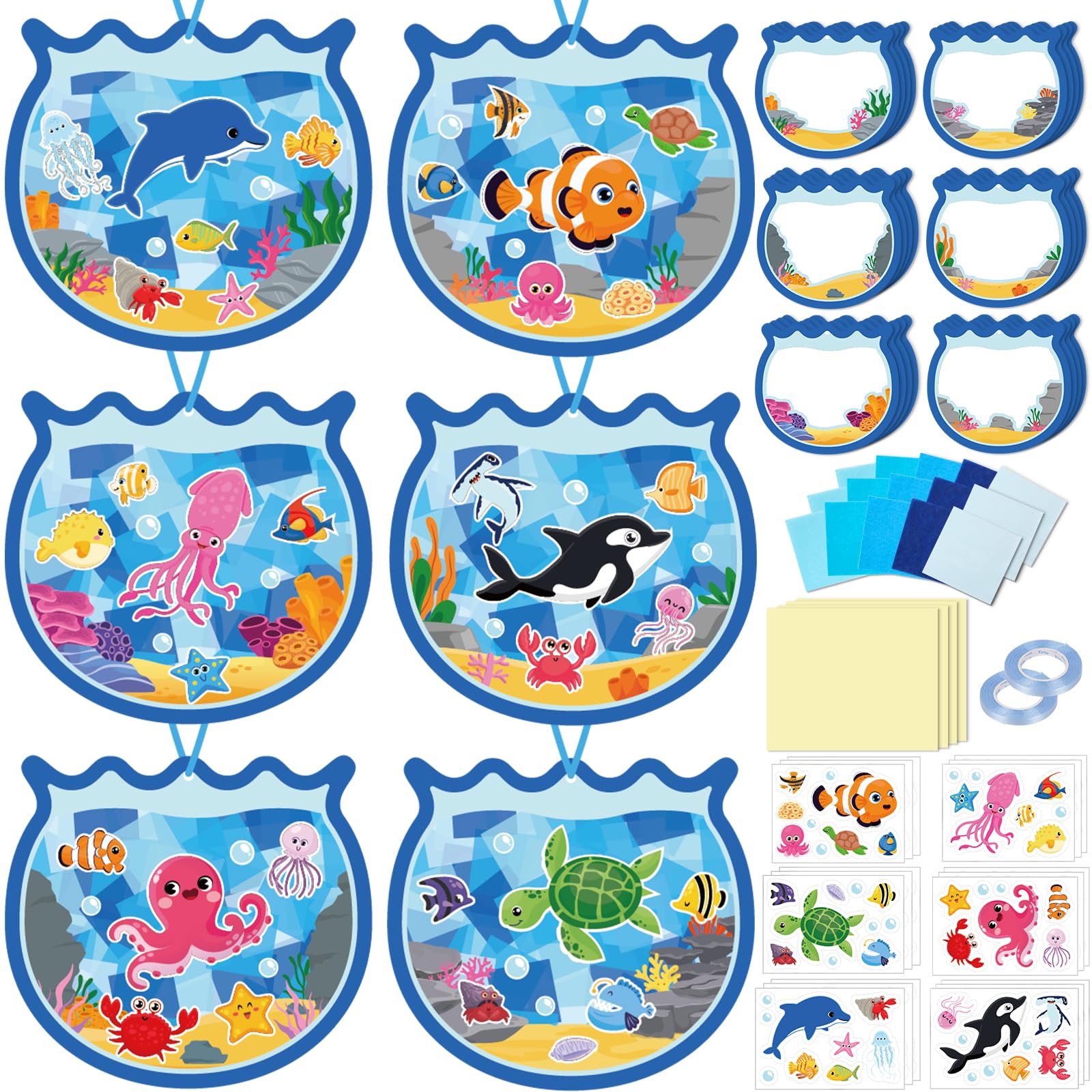 Photo 1 of 36PCS Summer Activities Crafts Bulk: Sea Animal Ocean Scene Paper Suncatchers, Under the Sea Party Fish Stickers DIY Kit School Classroom Decorations, Window Stained Glass Effect Art Supplies