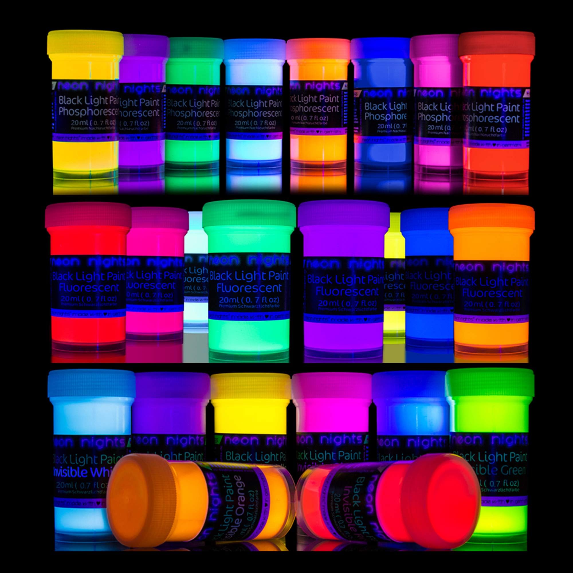 '3 Forces Set' - 24 Cans by neon nights - 8 Invisible UV Blacklight Paints - 8 Glow in The Dark Paints - 8 Invisible Blacklight Paints Set - Vibrant Ultraviolet Self-Luminous Black Light Paint - 20ml