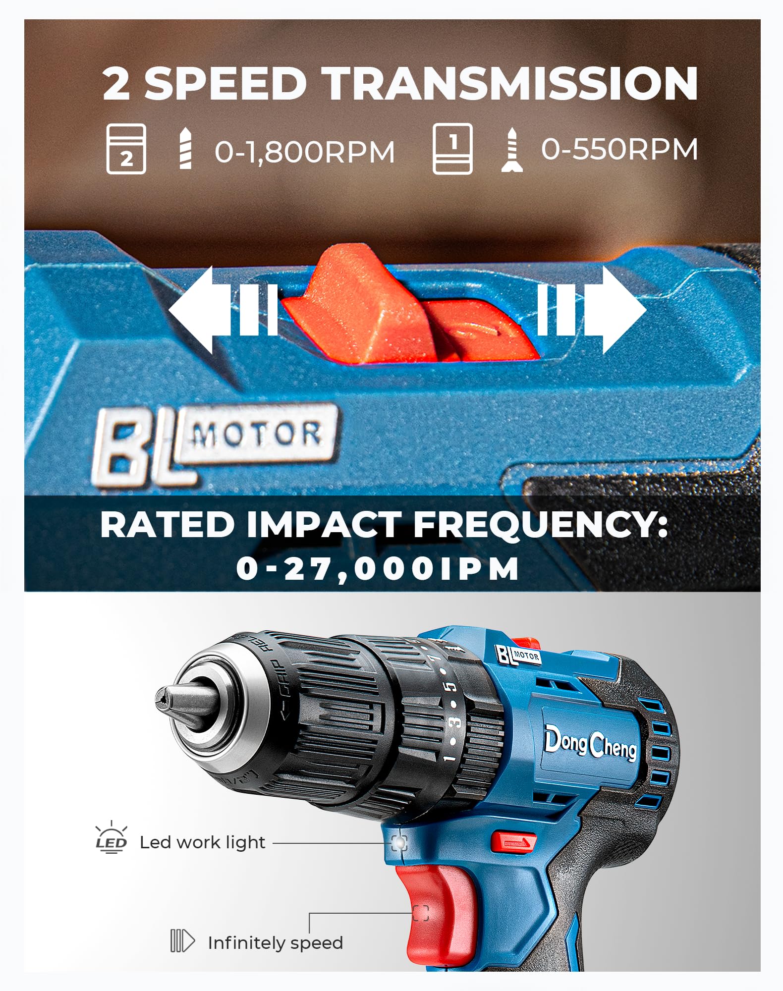 Dong Cheng 20V Brushless Heavy-duty Impact Drill, 443 in-lbs, 27000 IPM, 1/2