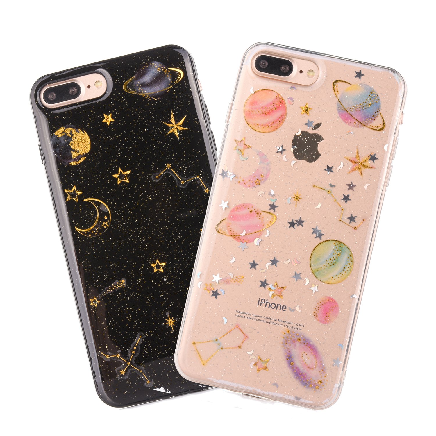 Mo-Beauty [2 Packs For iPhone 8/7 Plus Case [With Free Tempered Glass Screen Protector], Bling Star Design Glitter Flexible TPU Silicone Gel Case Cover For iPhone 7/8 Plus 5.5" (Claer + Black)