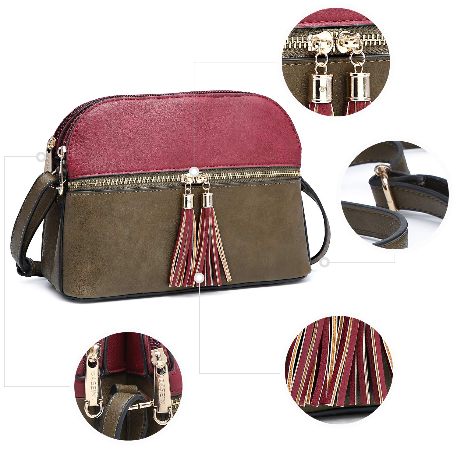 Functional Multi Pockets Lightweight Medium Crossbody Bags Purses for Women Double Zipper Shoulder Messenger Bag with Tassel (Burgundy/Soil)