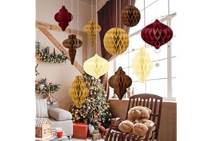 Watersay 10 Pcs Jumbo 10-14 Inch Christmas Honeycomb Paper Ornaments Hanging Xmas Honeycomb Balls Reusable Vintage Christmas Paper Lantern for Holiday Indoor Tree Party Decor(Red Brown Colors)