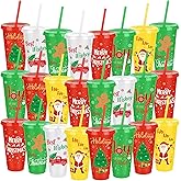 Kochorie 24 Pieces Christmas Plastic Cups 24oz Reusable Plastic Tumbler with Lids and Straws Bulk Christmas Holiday Drinking Cups for Xmas Party Supplies, 6 Designs