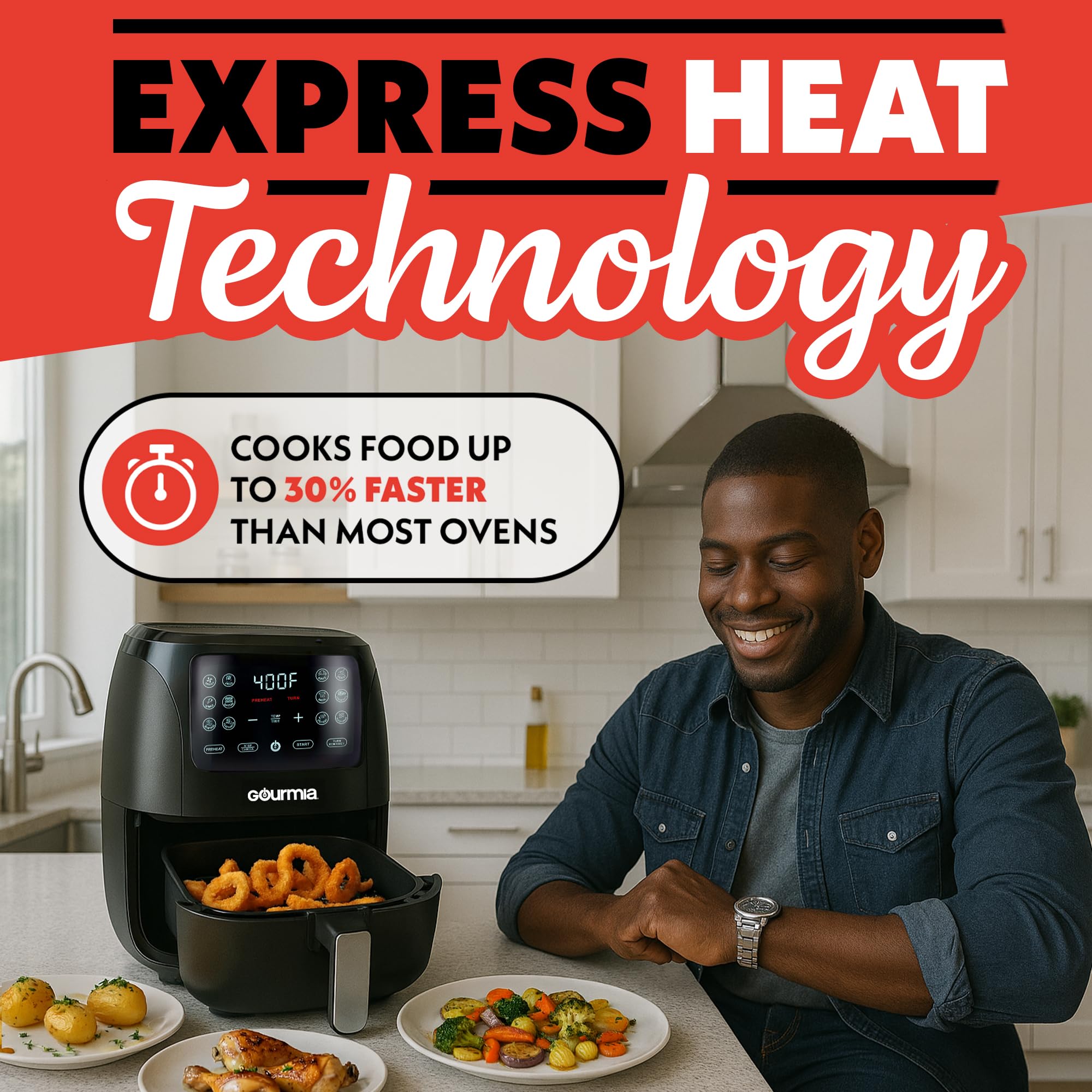 Gourmia Air Fryer 6QT Digital - Cocina guiada con 12 ajustes preestablecidos de un solo toque, cesta grande XL FryForce360, pantalla táctil, accesorios aptos para lavavajillas, cocina saludable sin aceite GAF686