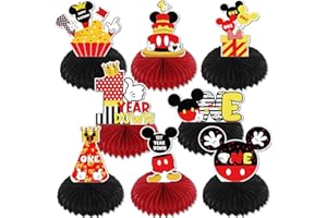 QWAERPLPN Cartoon Mouse Happy 1st Birthday Honeycomb Centerpieces for Boy Girl, Mouse Theme 1st Birthday Table Centerpieces Party Supplies,Cartoon Mouse Themed One Year Old Birthday Table Topper Sign Decor.