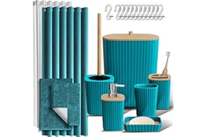Clara Clark Teal Bathroom Set - 22PC Shower Curtain Set with Bathroom Trash Can, Boho Shower Curtain, 2 Bath Mats, Toothbrush