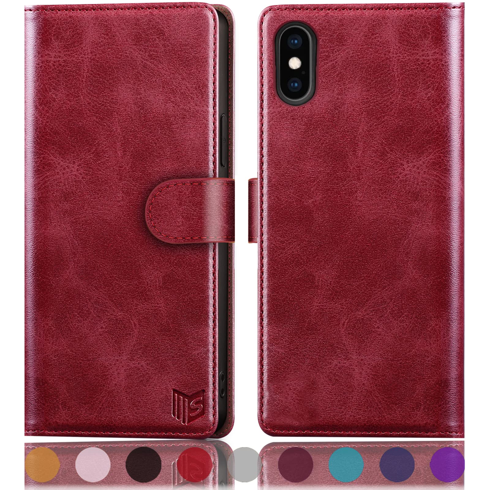 SUANPOT for iPhone X/XS 5.8" case with [Credit Card Holder][RFID Blocking],PU Leather Flip Book Protective Cover Women Men for Apple X/XS Phone case Red