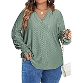 Eytino Plus Size Tops for Women Split V Neck Puff Long Sleeve Casual Loose Blouse Shirts