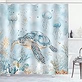 Aqrbeci Sea Turtle Shower Curtain, Teal Blue Ocean Beach Coastal Turtle Jellyfish Shower Curtains for Bathroom Waterproof Fabric Bath Curtains 72x72 Inch with 12 Hooks