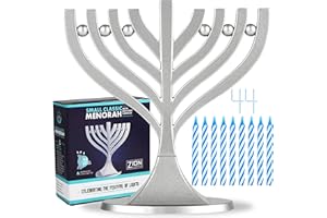 ZION JUDAICA LTD Zion Judaica Mini Classic Menorah with Mini Birthday Size Hanukkah Candles - Satin Silver Small Travel Minorah with 44 Blue and White Spiral Chanukah Candles - On The Go Hanukkiah Cute Hanukkah Gift