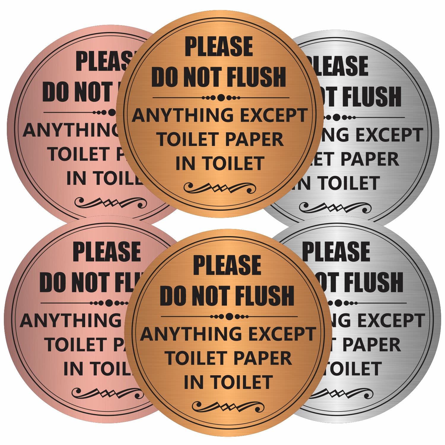 Photo 1 of Please Do Not Flush Anything Except Toilet Paper Sign Sticker - (Pack of 12) 5" Large Round Laminated Vinyl Decals Bathroom Etiquette Warning Labels ITEM BENT