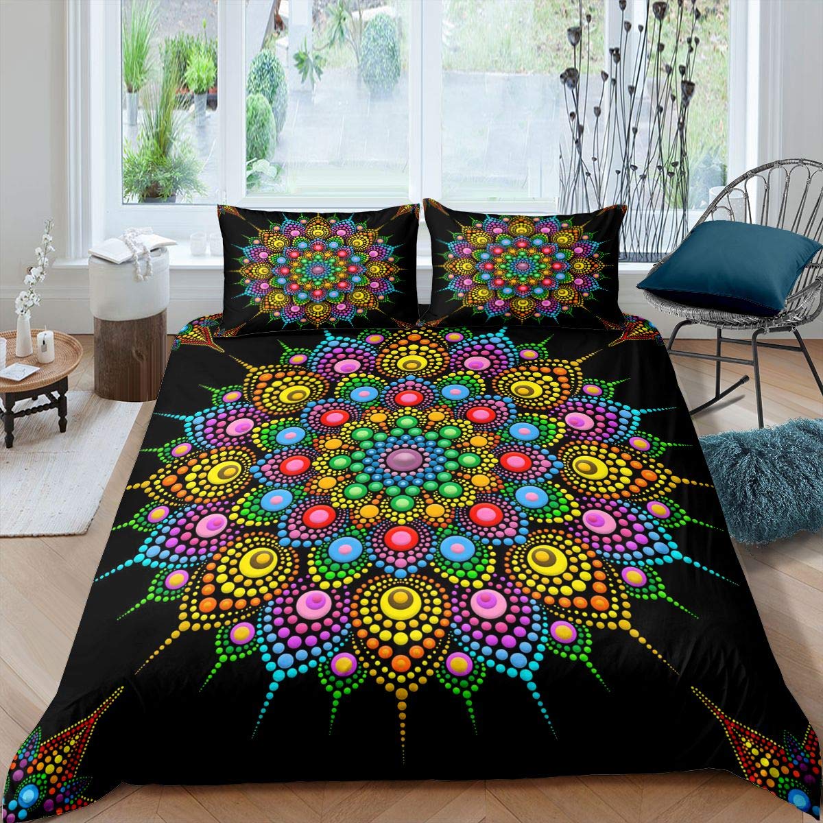Bright Bohemian Style Duvet Cover Hippie Mandala Bedding Setative Exotic Floral Comforter Cover for Boys Girls Teens Colorful Flowers Bedding & Linen King