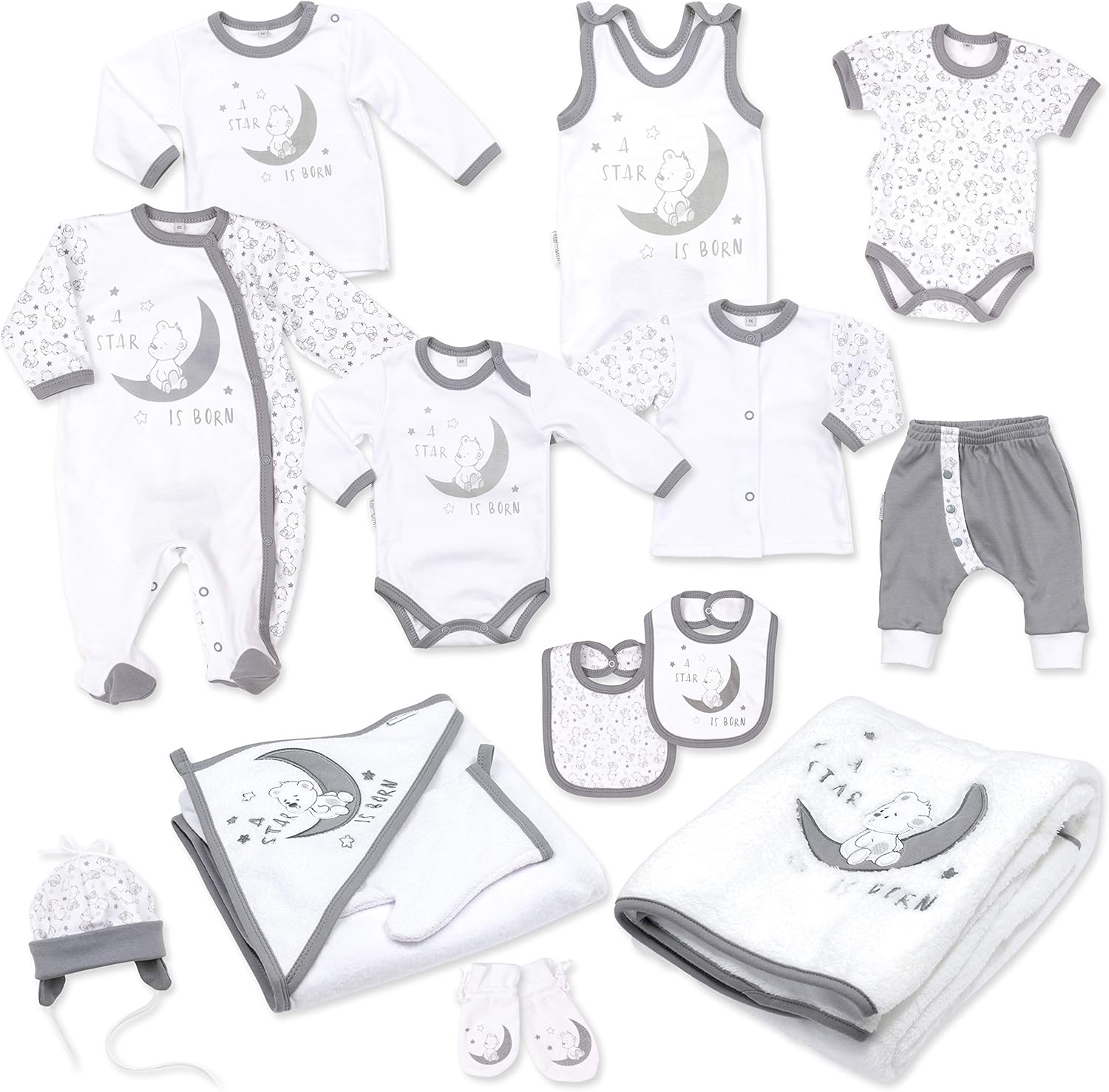 Baby Sweets Baby Erstausstattung Unisex in Weiß Grau im Motiv: A Star is Born als Baby Set mit 14 Teilen für Neugeborene & Kleinkinder für die Größe: Newborn (56)