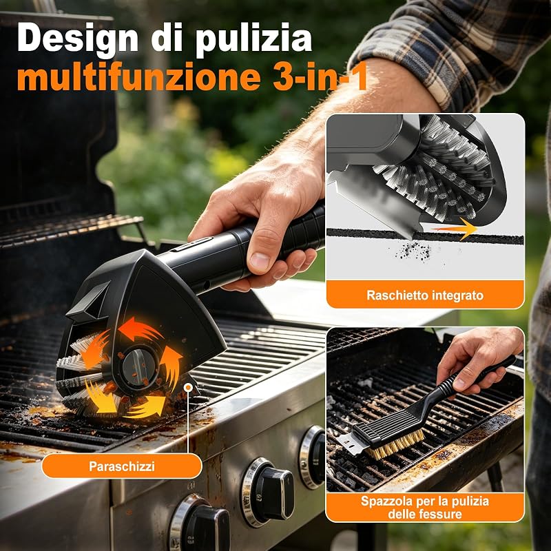 Spazzola Elettrica Barbecue Senza Fili, Pulizia BBQ con Acciaio Inox 304