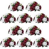 NUPTIO Flower Wedding Centrepieces for Tables - 10 Pcs 9.5in Diameter Burgundy & White Artificial Flowers Rose Ball for Centerpieces Table - Fake Rose Arrangements for Weddings Birthday Party Decor